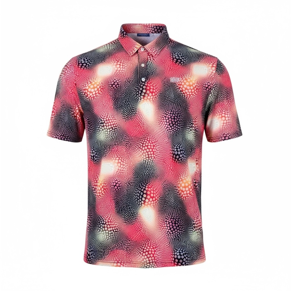 Hreski Men’s Abstract Circles on Red and Black‎ Uneven Background Golf Shirt 2XL